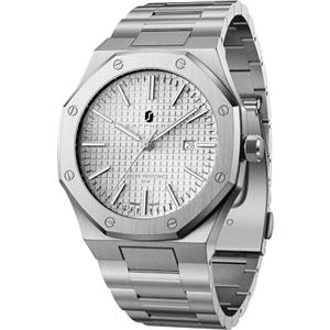 SAPPHERO Orologio da uomo, movimento al quarzo, cinturino in acciaio inox, 50 m, impermeabile, data, calendario, orologio da polso, da uomo, colore bianco argento