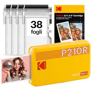 KODAK Mini 2 Retro Stampante Fotografica Portatile 5,3 x 8,6 cm, 38 Fogli, Stampante Smartphone Bluetooth per iPhone & Android, Stampe a Colori Istantanee, Sublimazione 4PASS, Giallo