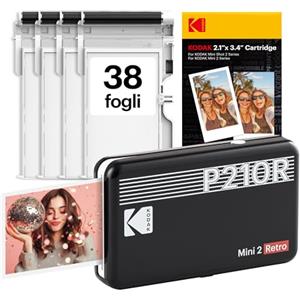 KODAK Mini 2 Retro Stampante Fotografica Portatile 5,3 x 8,6 cm, 38 Fogli, Stampante Smartphone Bluetooth per iPhone & Android, Stampe a Colori Istantanee, Sublimazione 4PASS, Nero
