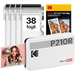 KODAK Mini 2 Retro 4PASS Stampante Fotografica Portatile (5.3x8.6cm) + Pacchetto con 38 Fogli, Bianco