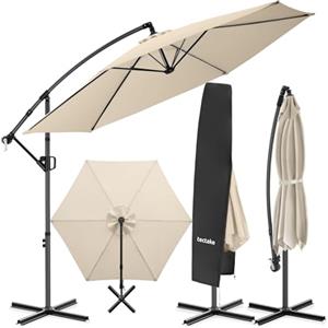 tectake® Ombrellone da Giardino 3x3 m, Ombrellone a Braccio Girevole 360°, Protezione UV 50+, Idrorepellente, Inclinabile, Base in Acciaio a Croce, Manovella, Arredamento Giardino - Beige