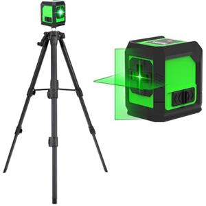 PORFOYO Laser a linee incrociate con treppiede, livella laser con treppiede, autolivellante con doppio modulo laser, laser a linee incrociate, verde, per lavori interni e ristrutturazioni fai da te