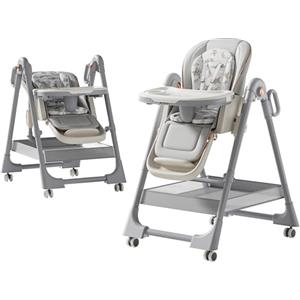 Magic ZC Pelle PU Seggiolone per Bambini Sedia da Pranzo per Multifunzionale Pappa Regolabili Convertibile Pieghevole con Doppi Vassoi Staccabili e Ruote (X8122 Grey)