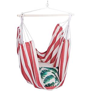 Relaxdays Poltrona Sospesa, Amaca a Dondolo in Cotone, Supporto in Legno, Esterno e Interno, Fino a 150 kg, Rosso Bianco