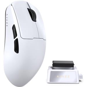 A.JAZZ AJ159 V2 Mouse Gaming Wireless Ultraleggero Con Batteria Sostituibile A Caldo, Due Batterie 300mAh E Base Di Ricarica, 54g, Sensore PAW3395, 32000 DPI Per PC E Mac (Bianco)