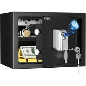 WASJOYE 25L Cassaforte per Impronte Digitali, Cassaforte Biometrica con Chiave, CassafortI Elettronica Automatica con Identificazione delle Dita, Cassetta di Sicurezza per Casa Hotel Ufficio