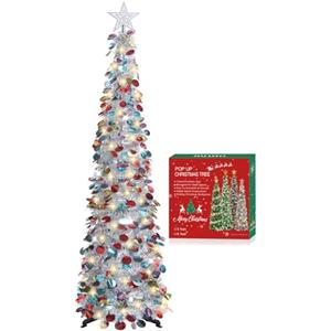 HMASYO Albero di Natale Artificiale a Paillettes Argento 150cm con Luci Integrate e Timer, Montaggio Istantaneo, Pieghevole - Decorazione per Interni Casa, Appartamento, Veranda, Feste