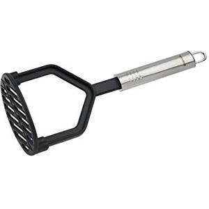 Fackelmann Schiacciapatate 25 cm, manico ovale, schiacciapatate per padelle e pentole rivestite, utensili da cucina in acciaio inox e plastica di alta qualità (colore: argento/nero), quantità: 1 pezzo