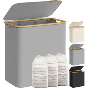 SONGMICS Cesto Portabiancheria con Coperchio a 3 Scomparti, Cesta per Bucato, 150L, Sacco Rimovibile, Tessuto Oxford, Manici di Bambù, Pieghevole, 60 x 38,5 x 70,5 cm, Grigio Tortora LCB515G01