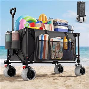 Devoko Carrello da Spiaggia Pieghevole 200L 150KG, Carrello Spiaggia per Tutti i Terreni con Ruote PU Extra Larghe 21.5x10cm, Carretto Pieghevole Maniglia Regolabile 90° per Spiaggia, Campeggio,Grigio