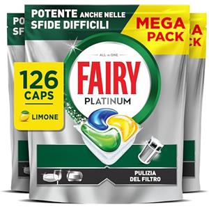 Fairy Platinum Detersivo Pastiglie Lavastoviglie, Brillantante, 126 Capsule Lavastoviglie, Limone, con Sistema Di Prelavaggio Integrato, Efficace nelle Sfide Difficili Contro lo Sporco