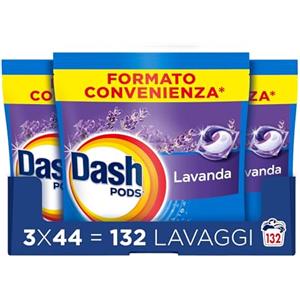 Dash Pods Detersivo Lavatrice In Capsule, 132 Lavaggi (3x44), Lavanda, Rimuove Le Macchie, Igienizza, Dona Freschezza, Brillantezza Per I Capi