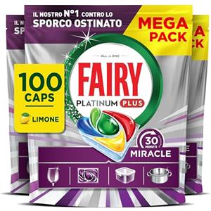 Fairy 30 Minuti Miracle Detersivo Pastiglie Lavastoviglie, 100 Capsule, Limone, Il Nostro N.1 Contro Lo Sporco Ostinato, Potente Anche Nei Cicli Brevi, MEGA Pack