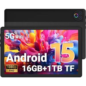 Gleeso Tablet 10 Pollici, Android 15 Tablet con 16GB RAM 1TB TF, 1332 * 800 FHD Android Tablet con Sblocco Facciale, Widevine L1, Bluetooth 5.4 / WiFi 5G, 5MP Fotocamera, Tablet PC OTG - Nero