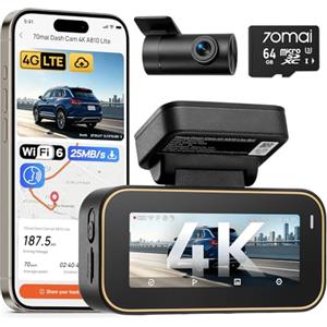 70mai A810 Lite Dash Cam Auto 4K +1080P, 5GHz WiFi, Doppia Telecamera per Auto con GPS, Support 4G LTE, HDR, Visione Notturna, Parcheggio 24/7, Sensore G, Registrazione in Loop, F1.55, Scheda da 64 GB