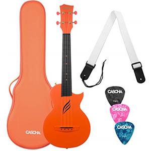CASCHA Set per ukulele da concerto in fibra di carbonio, set con 3 plettri, custodia, tracolla, set per ukulele, set di corde in fluorocarbonio, piccola chitarra hawaiana per principianti, arancione
