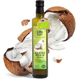 CIBO CRUDO crudo biologico vegan Olio di Cocco Biologico MCT C8 C10 Spremuto a Freddo - 500ml. Olio di Cocco Alimentare Puro e Bio con Acidi Grassi a Catena Media MCT C8 e C10 uso Keto Paleo Corpo o Capelli. Organic Coconut Oil MCT.