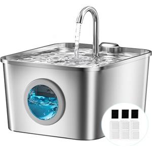 BalimoPet Fontanella per Gatti Acciaio Inox: 2,6L Fontana per Gatti, Ultra Silenzioso, Quadruplo Filtrazione, Cavo Automatico Fontanella Gatto con Rubinetto 3 Filtri e 3 Spugne LED, Facile da Pulire