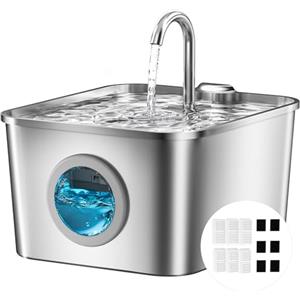 BalimoPet Fontanella per Gatti Acciaio Inox: 2,6L Fontana per Gatti, Ultra Silenzioso, Quadruplo Filtrazione, Cavo Automatico Fontanella Gatto con Rubinetto 6 Filtri e 6 Spugne LED, Facile da Pulire