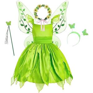 YOSICIL Abito verde Pixie Principessa Tiana Campanellino Bambini con Ali di Farfalla Bacchetta Magica Fascia per Capelli Carnevale Cosplay Festa Compleanno Vestire,verde,150