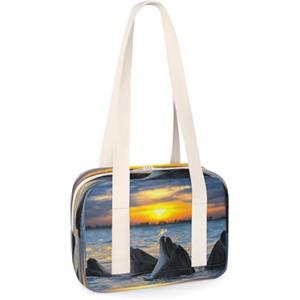 TropicalLife Delfino Tramonto Mare Piccolo Borsone Sportivo Delfino Mini Borsa da Palestra Leggero Casual Tote Travel Sport Organizer Bag per Bambini Ragazze Ragazzi Donne Uomini