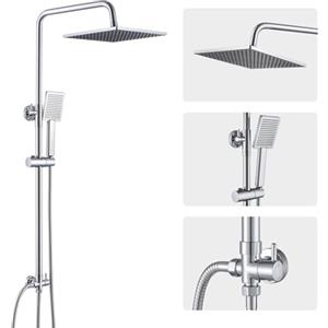 Auralum Colonna Doccia Senza Miscelatore, Colonna Doccia con Soffione e Doccetta Quadrato, Saliscendi Doccia Altezza Regolabile 74-109cm Adattarsi ai Fori Esistenti, Colonna Doccia Idromassaggio Cromo