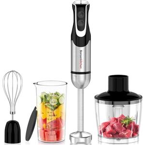 Bonsenkitchen Frullatore a Immersione 4 in 1, 1000W Inox con 12 Velocità e Turbo, Include Frusta, Bicchiere 700ml, Tritatutto