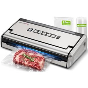 Bonsenkitchen Macchina Sottovuoto, Sigillatura Larga 5mm Antigoccia, Acciaio Inox, Una Mano & Pulse Secco/Umido, Macchina Sottovuoto ad Alte Prestazioni incl. 1 Rotolo & 10 Sacchetti, VS4200