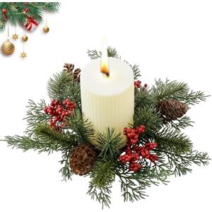 Generico Anelli di candele natalizie, ghirlande di anelli di candele natalizie | Anelli per candele con ghirlanda di Natale artificiale,Anello portacandele, decorazione per la casa con candela a colonna con gh