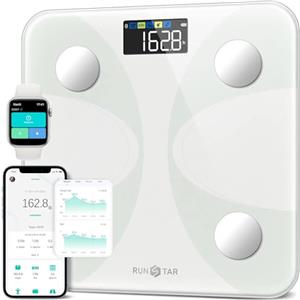 RunStar Bilancia pesapersone e percentuale grasso, Bilancia smart digitale e precisa con ampio display, Analizzatore di 13 dati di composizione corporea, Sync App-Bianco