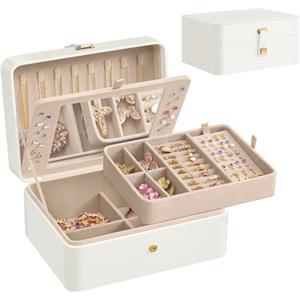 SONGMICS GISELLA Collezione - Scatola Portagioie con Specchio, Porta Gioielli 2 Livelli, Vassoio Rimovibile, 17,6 x 22 x 11 cm, Porta Orecchini Collane, Idea Regalo, Bianco Nuvola JBC200W01