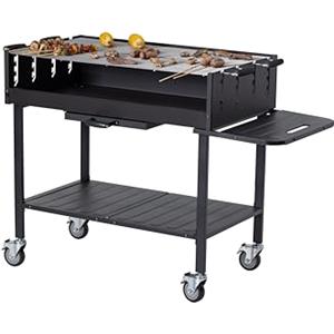 METRO Professional Barbecue a Carbonella Deluxe, Acciaio/Acciaio Inox, 2 Griglie con Altezza Regolabile, Ruote, Tavolino Laterale, Copertura, Nero