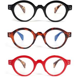 KoKoBin 3 confezioni di occhiali da lettura rotondi oversize per donne e uomini che bloccano la luce blu con cerniera a molla (3 Pack, 1.5, x)