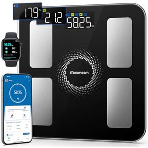 masmssm Bilancia Pesapersone Digitale Intelligente, Bilancia Impedenziometrica con Schermo a Colori 6-in-1 Scorrevole, 20 Indicatori, Grasso Corporeo e BMI, Compatibile iOS & Android, Max. 180 kg / 400 lb