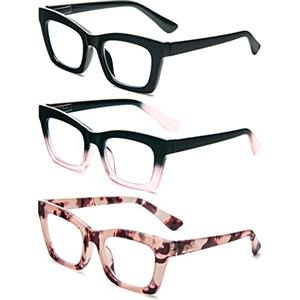 MMOWW 3 Pacco Occhiali da Lettura Donna Rettangolari - Oversize Square Frame Anti Luce Blu Occhiali +3.0