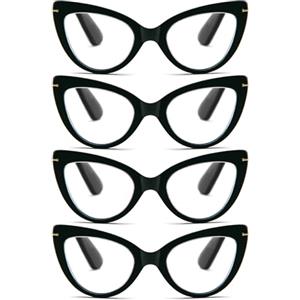 MMOWW Confezione da 4 Occhiali da Lettura con Donna Occhio di Gatto - Occhiali anti blu Comodie Alla Moda Grande Cat Eye (Nero, +1.0)