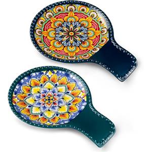 vancasso SIMI Set di 2 Porta Cucchiaio in Ceramica Boho, Poggiamestolo Cucina per Spatole, Pinze o Utensili, Lavabile in Lavastoviglie (Verde e Blu)