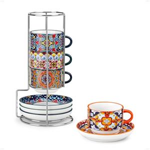 vancasso SIMI Set di 8 Tazzine Caffè con Piattino - 150 ML - Tazzina da Caffè in Ceramica per 4 Persone - con Supporto in Metallo - per Latte, Cappuccino e Espresso, Sicuro in Microonde, Stile Boho