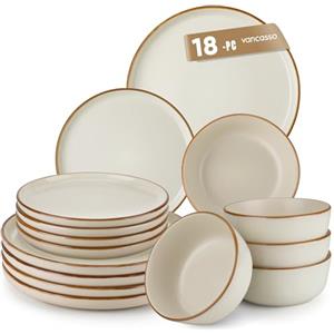vancasso RENO Servizio Piatti 6 Persone per18 Pezzi, Set Piatti Moderni in Gres con Smalto Beige Opaco - 6 Piatti Piani, 6 Dessert, 6 Ciotole Cereali, Adatto Lavastoviglie e Microonde