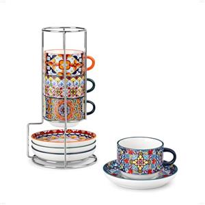 vancasso SIMI Set di 8 Tazzine Caffè con Piattino - 90 ML - Tazzina da Caffè in Ceramica per 4 Persone - con Supporto in Metallo - per Latte, Cappuccino e Espresso, Sicuro in Microonde, Stile Boho