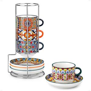 vancasso SIMI Set di 8 Tazzine Caffè con Piattino - 270 ML - Tazzina da Caffè in Ceramica per 4 Persone - con Supporto in Metallo - per Latte, Cappuccino e Espresso, Sicuro in Microonde, Stile Boho