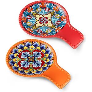 vancasso SIMI Set di 2 Porta Cucchiaio in Ceramica Boho, Poggiamestolo Cucina per Spatole, Pinze o Utensili, Lavabile in Lavastoviglie (Rosso e Arancione)