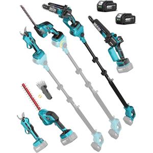 SEESII Mini Motosega a Batteria 6 Pollici & Tagliasiepi & Forbici, Set Attrezzi da Giardino Telescopico 8-in-1 con 2x 4000mAh Batterie, Motore Brushless, per Potatura Alberi e Siepi