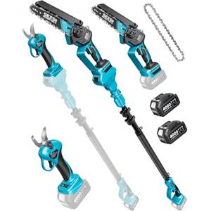 SEESII P6 Combo 6 Pollici Motosega a Batteria Telescopica & 33 mm Forbici Potatura a Batteria, 4-in-1 Kit Motosega e Forbici con 2 * 4000 mAh Batterie, Portata Massima Fino a 4,57 m