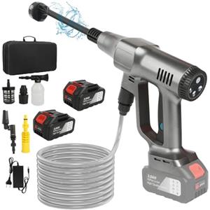 Purova Idropulitrice a Batteria, 21V Max 200 Bar Idropulitrice Portatile con Batterià da 3,0Ah, Press & Clean Pistola Lavaggio con Display LCD di Potenza e 3 Velocità (Argento con 2 Batteria)
