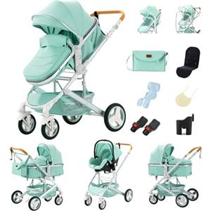 YAZOCO Passeggino Trio, con Ovetto I-SIZE Passeggino 3 in 1 Neonati con Due Modi Reversibili Spingere, Trio con Design Pieghevole in Un Clic (3 in 1 530 Verde)