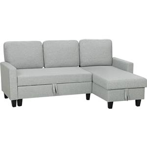 HOMCOM Divano Letto 3 Posti con Chaise Longue Convertibile, Divano Angolare con Vano Portaoggetti, Cuscini Sfoderabili in Tessuto Effetto Lino, per Soggiorno Salotto, 197x129x85 cm, Grigio Chiaro