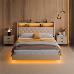 Xbro Letto 140x200 con LED e Prese USB, Letto Matrimoniale Salvaspazio con Ricarica Integrata e Testiera Imbottita con Ripiano, Struttura in Metallo con Rete a Doghe, Design Moderno, Beige