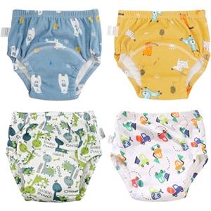 Dioshark Mutandine di Apprendimento Bimbo, 4 Pezzi Assorbente Mutande Spannolinamento Riutilizzabile Intimo Vasino Cotone Lavabili Dinosauro Auto Cane Stampa per Neonato 1-2 Anni, Giallo Bianco Blu