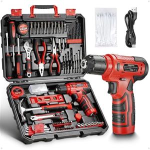 XIAZIR Set di utensili 233 pezzi con trapano avvitatore a batteria, cassetta attrezzi completa per fai-da-te a casa con cacciaviti, pinze, martello, punte e accessori (Rosso)